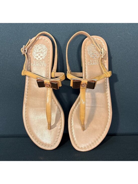 Vince Camuto Shoes - Vince Camuto “Malinda” Tan Thong Sandals Rose Gold Bow Accent Adjustable Straps